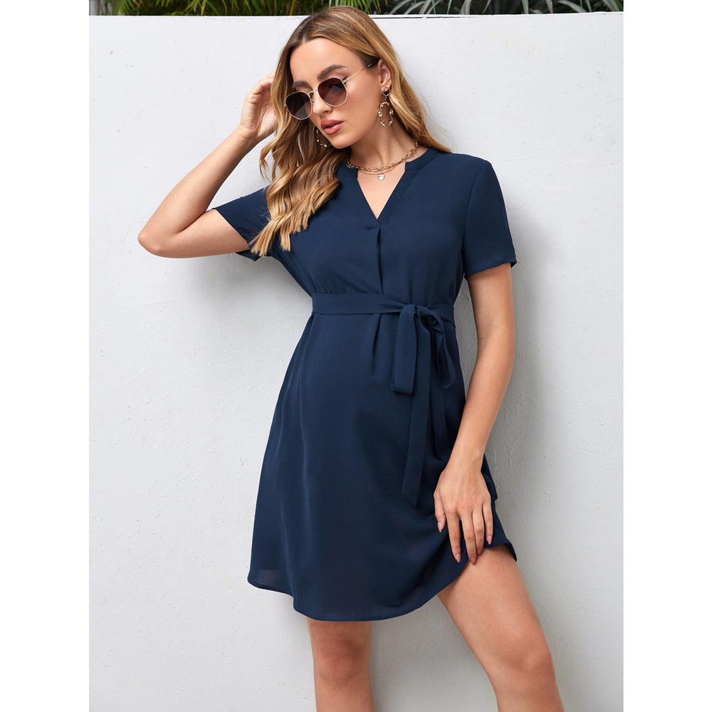 Maternity Notched v Neck Belted Dress navy blue